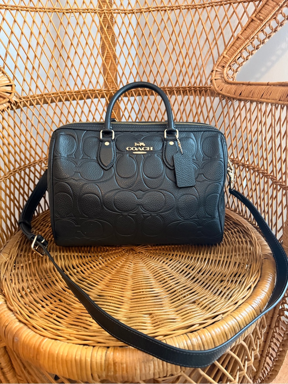 COACH Large Rowan Black Embossed Leather Satchel with Shoulder Strap